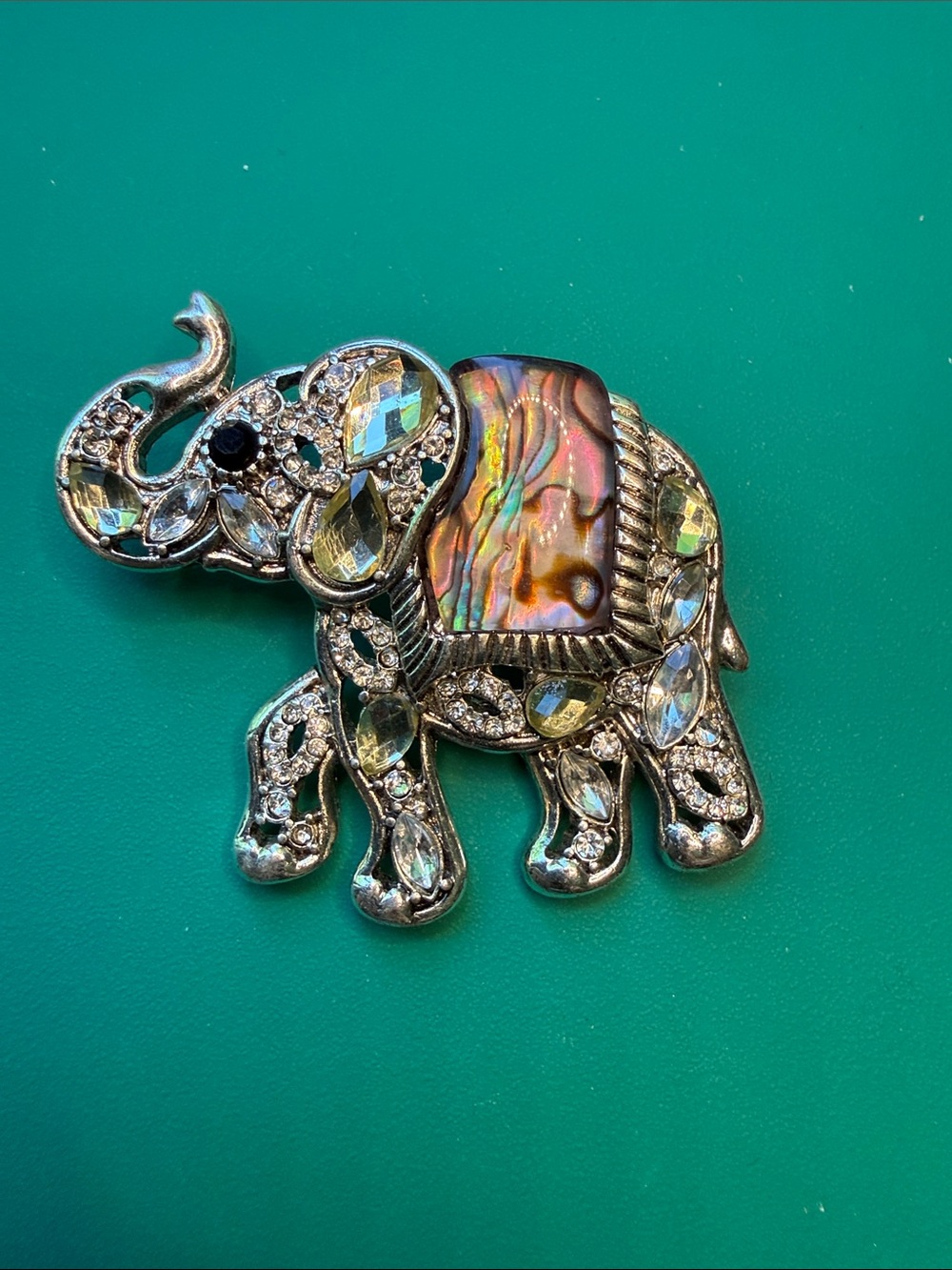 Napier Trunk Up Elephant Brooch Silver Tone Rhinestones Simulated Abalone Signed